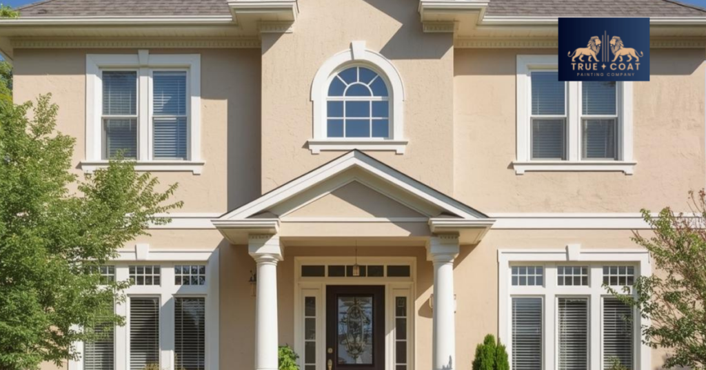 A beautiful two-story Winnipeg home with freshly painted beige stucco exterior and white trim, showing clean lines and professional finish, no text overlay, bright daylight photography