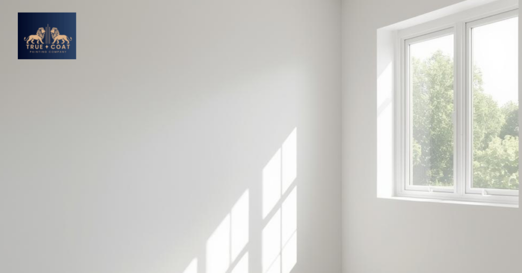 A bright, finished room with smooth white drywall Winnipeg walls, showing natural light coming through a window. Clean, minimalist style without any text or logos visible.