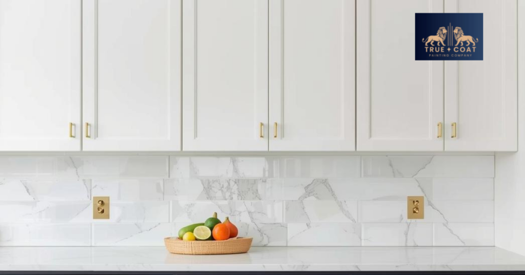 A modern Winnipeg kitchen featuring two-tone cabinets with dark navy lower cabinets and white upper cabinets, showcasing brass hardware and marble countertops.