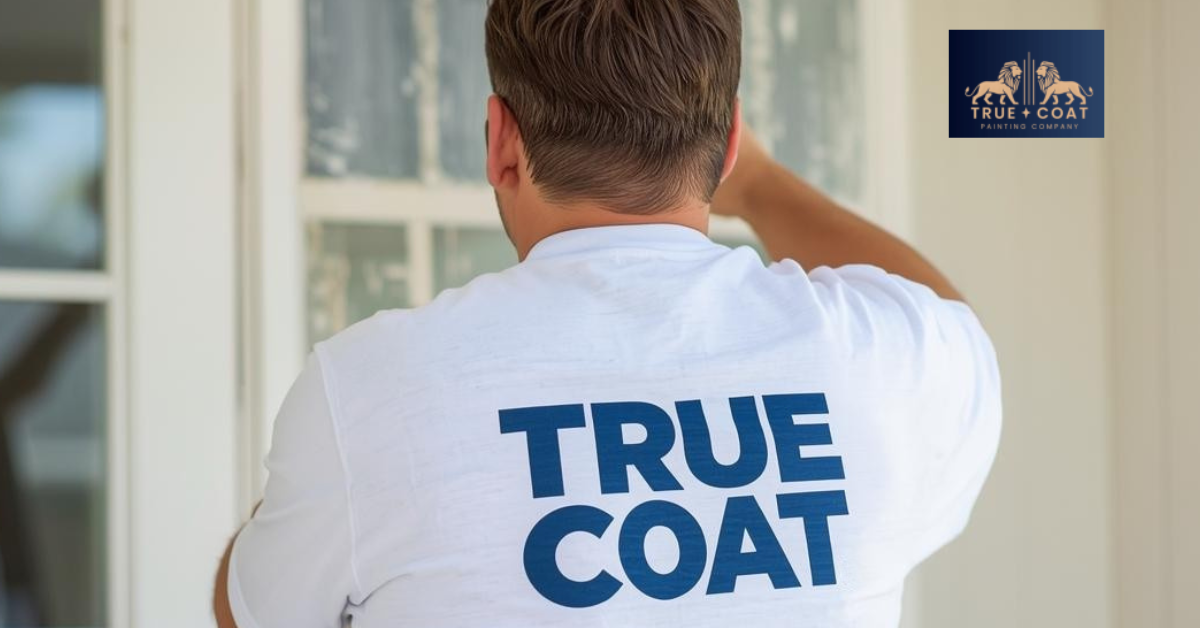 A professional painter in True Coat branded attire applying fresh paint to a residential home exterior, bright natural lighting, clean and modern setting in Winnipeg Painting Company