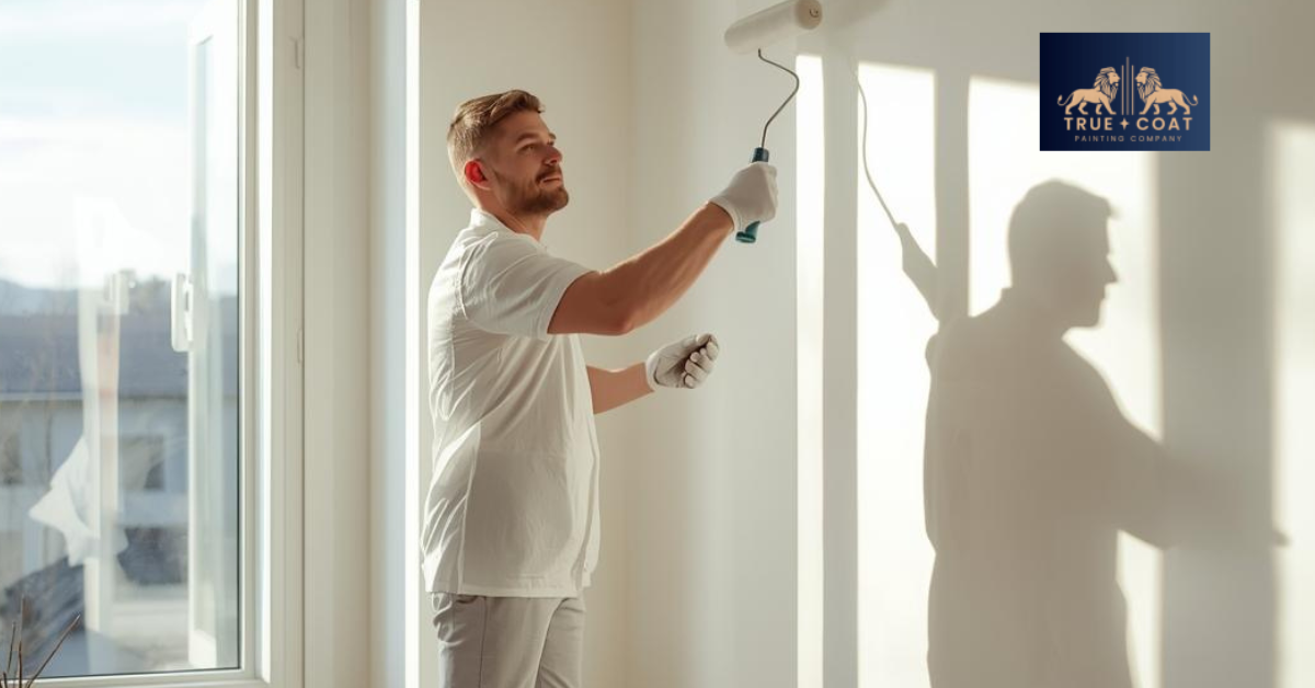 A professional painter in clean work attire applying paint to a living room wall with a roller, natural lighting through window, modern Winnipeg home interior