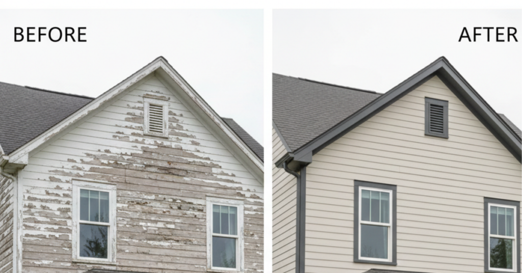 Before and after comparison showing a weathered home exterior with peeling paint transformed into a freshly painted beautiful finish. Split image format, natural lighting