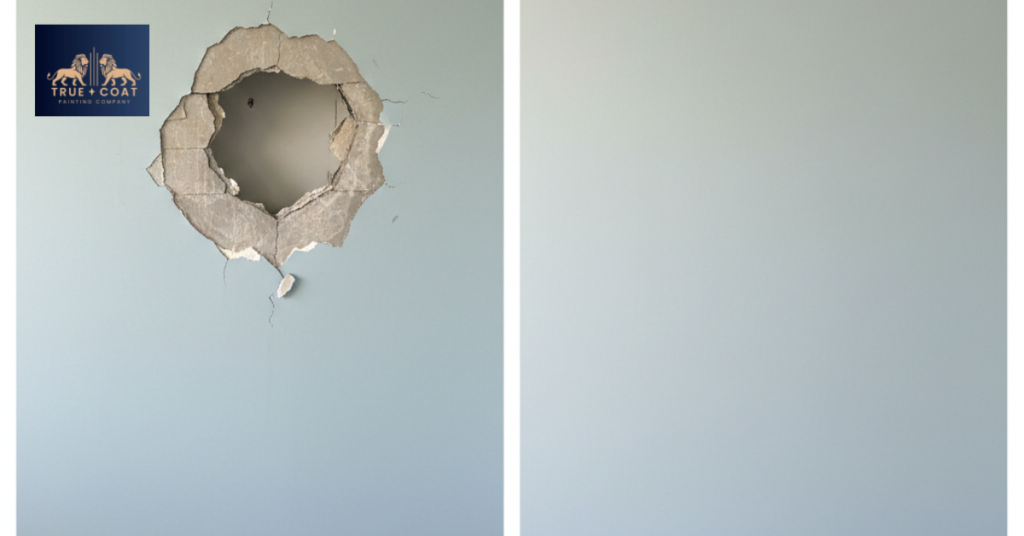 Before and after split image showing a damaged wall with hole on left and perfectly repaired smooth wall on right, same angle, clean presentation demonstrating quality repair work, no text