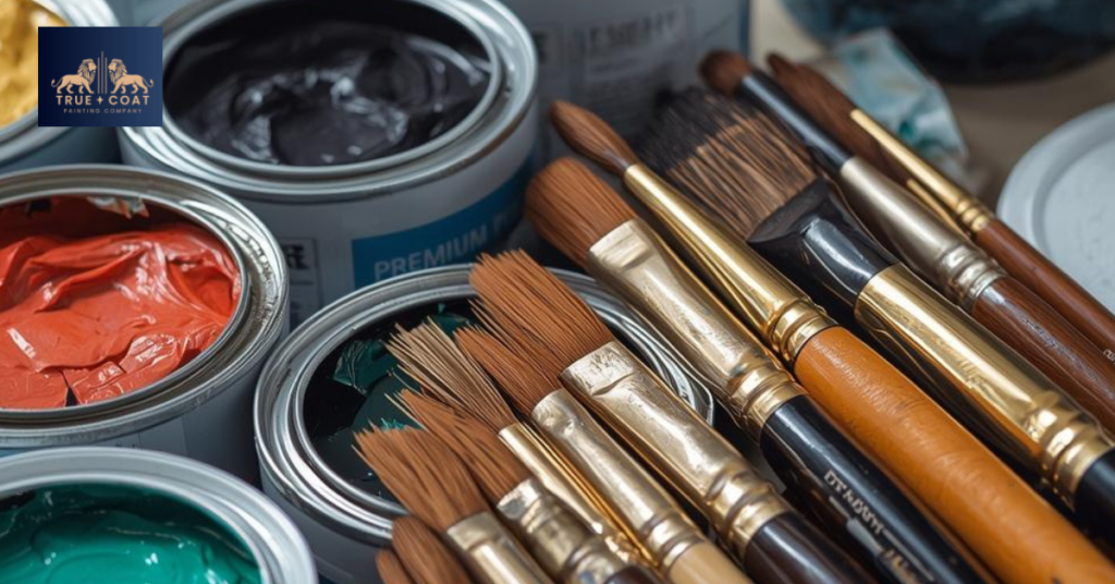 Close-up of premium paint cans and professional brushes arranged neatly on a work surface, showing quality materials used by professionals