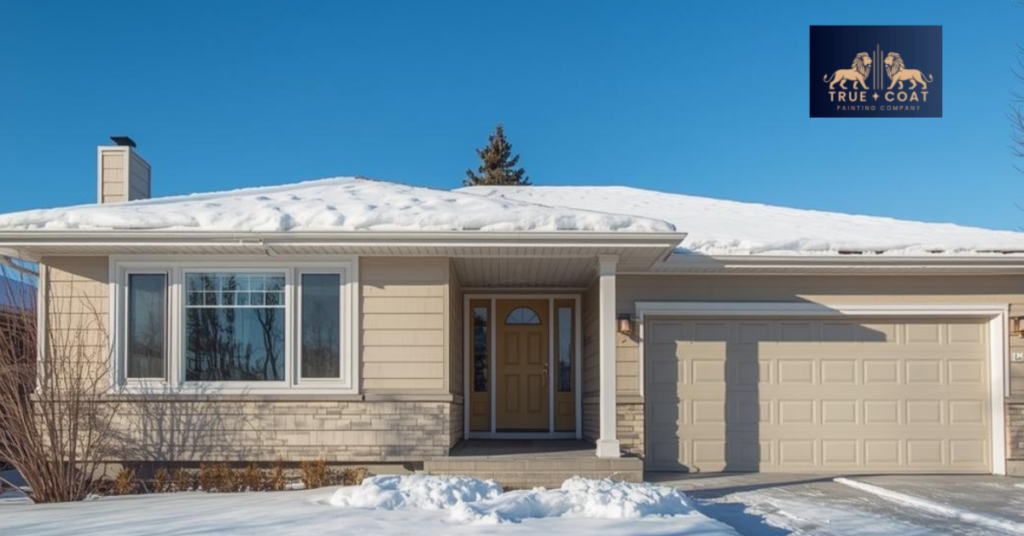Modern Drywall Winnipeg home exterior in winter with snow on the ground, showing well-insulated structure with no ice dams on roof, clear blue sky background, no text on image