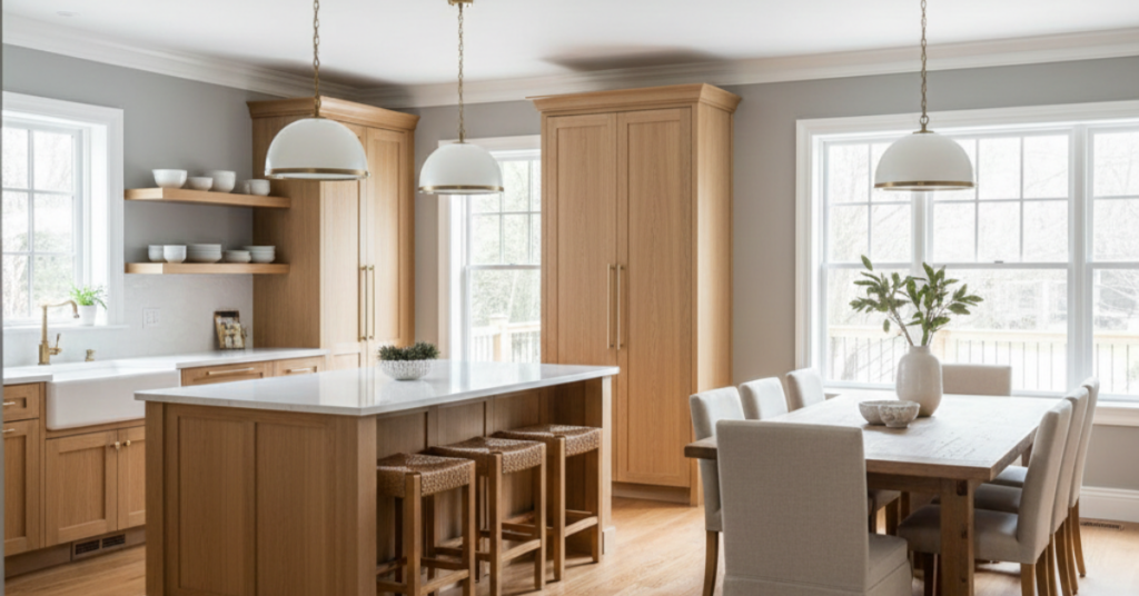 A bright, freshly painted living room with clean white walls, a cozy couch, and natural light coming through large windows. No text on the image. Warm tones, professional painting finish visible o